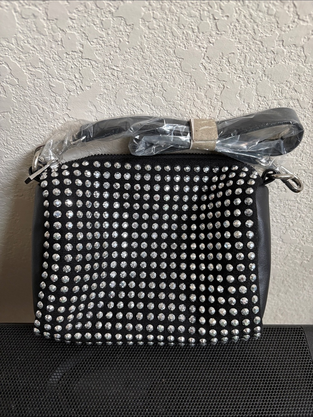 Black Crystal-Studded Crossbody Bag for Women
